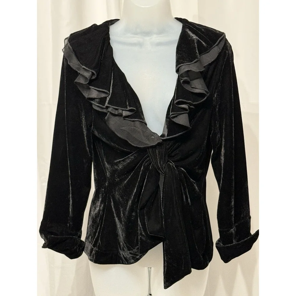 Size M Velvet Wrap Top Jacket Whimsigoth Y2K Ruffle 90s Goth Holiday Glam Black